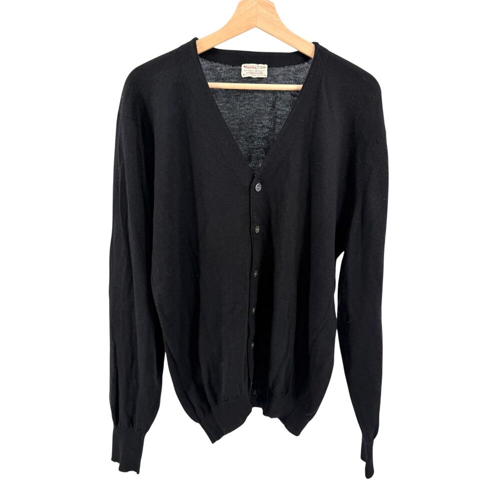 Vintage 70s Drummond Black Wool Cotton V-Neck Knit Button Cardigan Sweater